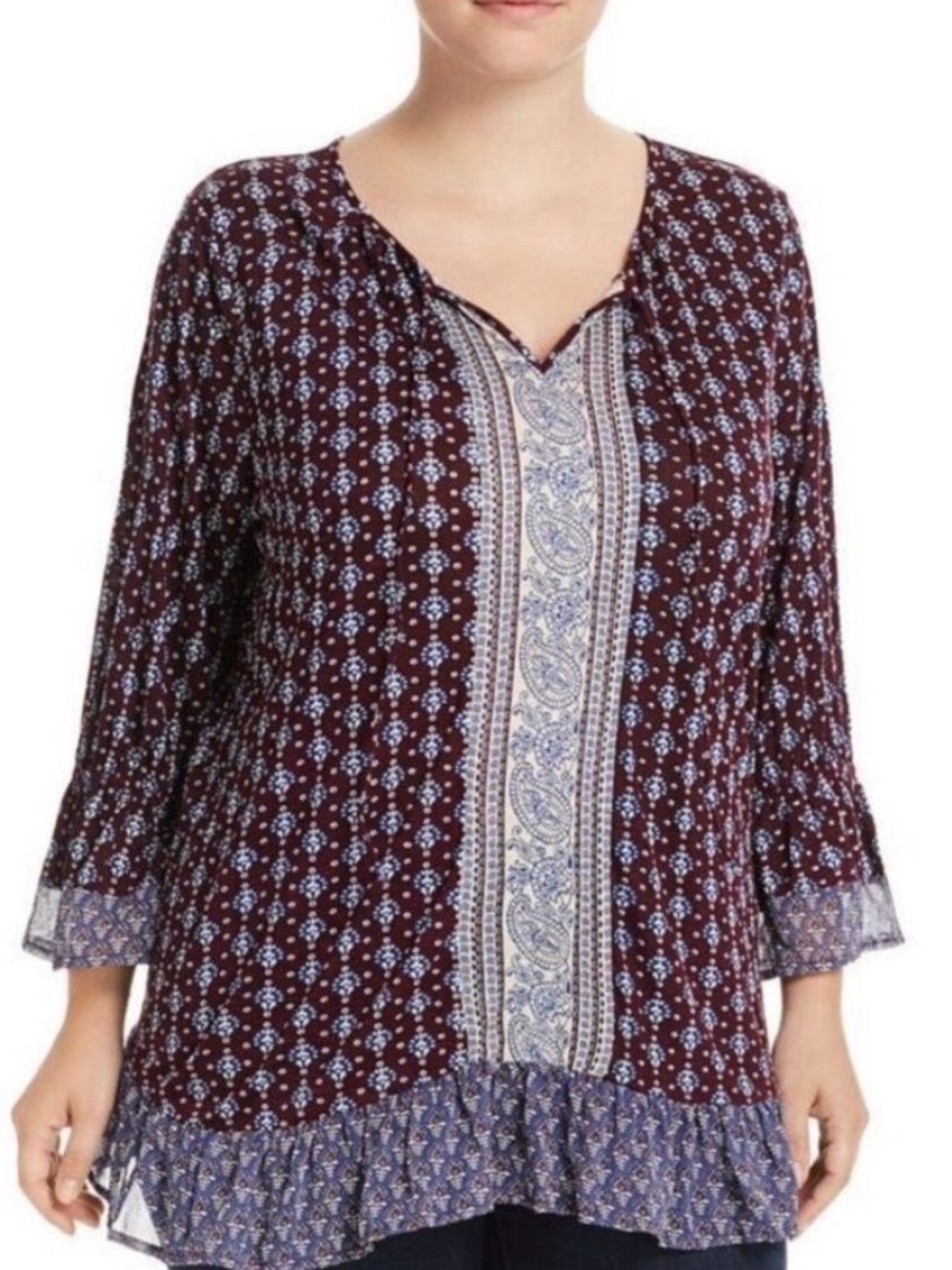 Lucky Brand Burgundy, Blue and White Printed Boho Tunic